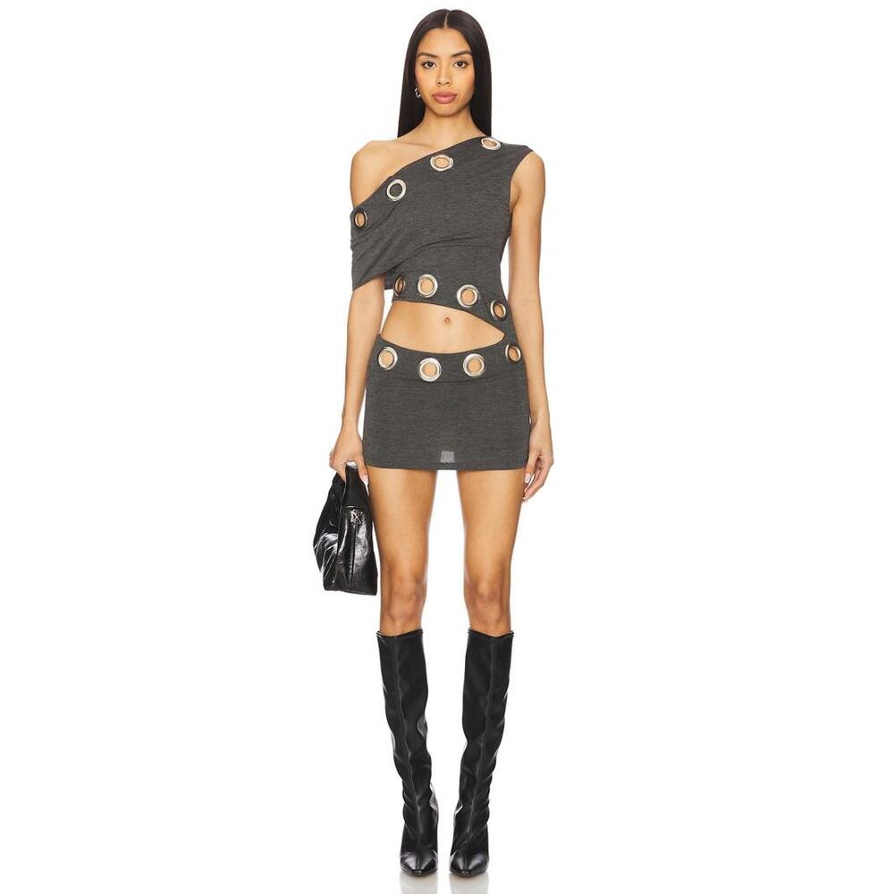 Jaded London Asymmetric Eyelet Dress in Dark Grey